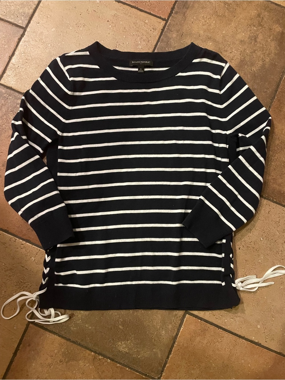 Banana Republic Navy and White Striped Boatneck Sweater with Side Ties